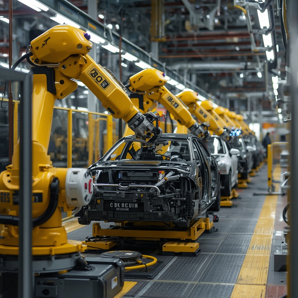 Automated robotic assembly line with multiple industrial arms working in synchrony on a car manufacturing floor with safety barriers